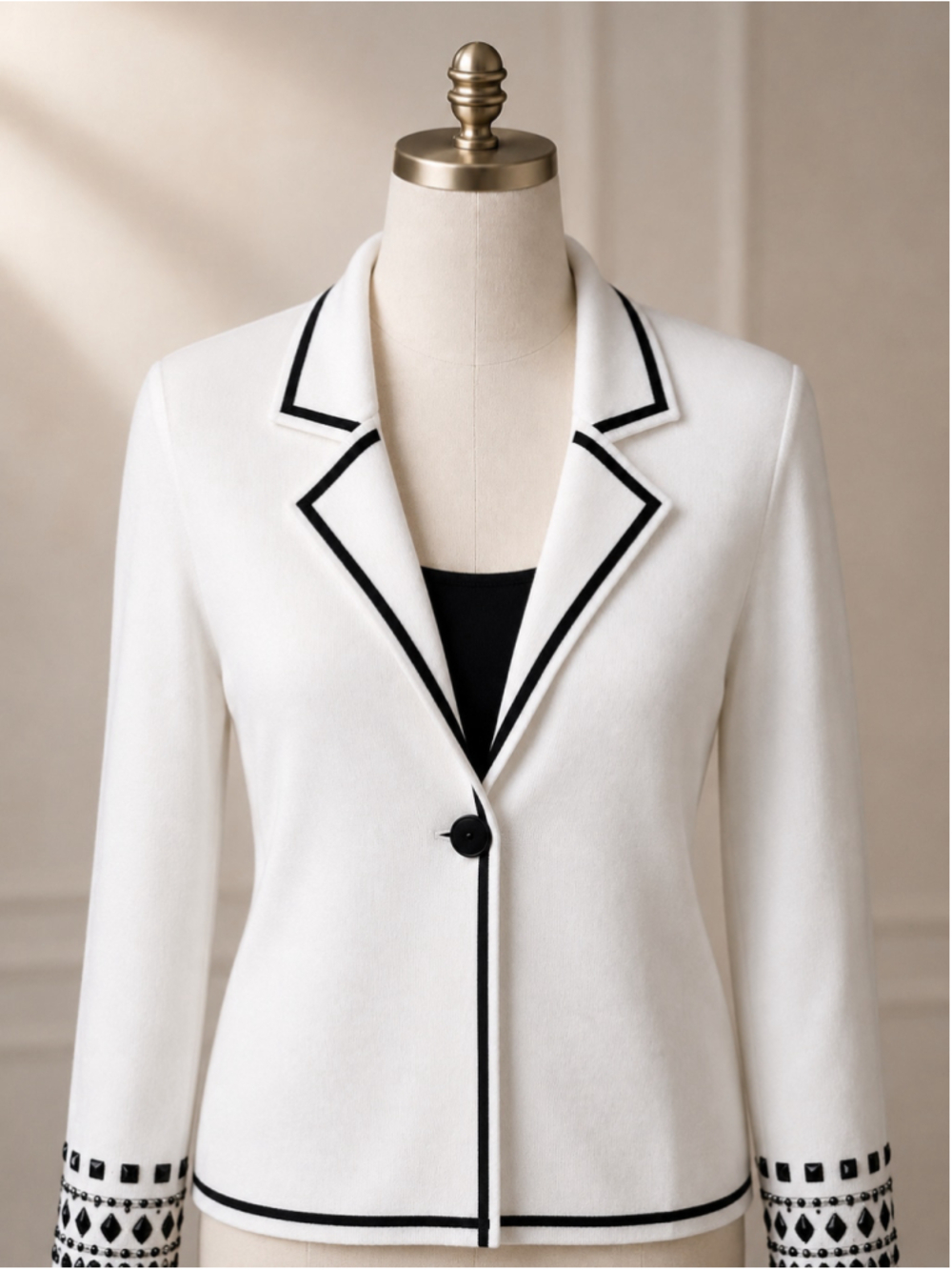 White & Black Rhinestone Cuff One-Button Knit Sweater Jacket - Picture 4 of 10